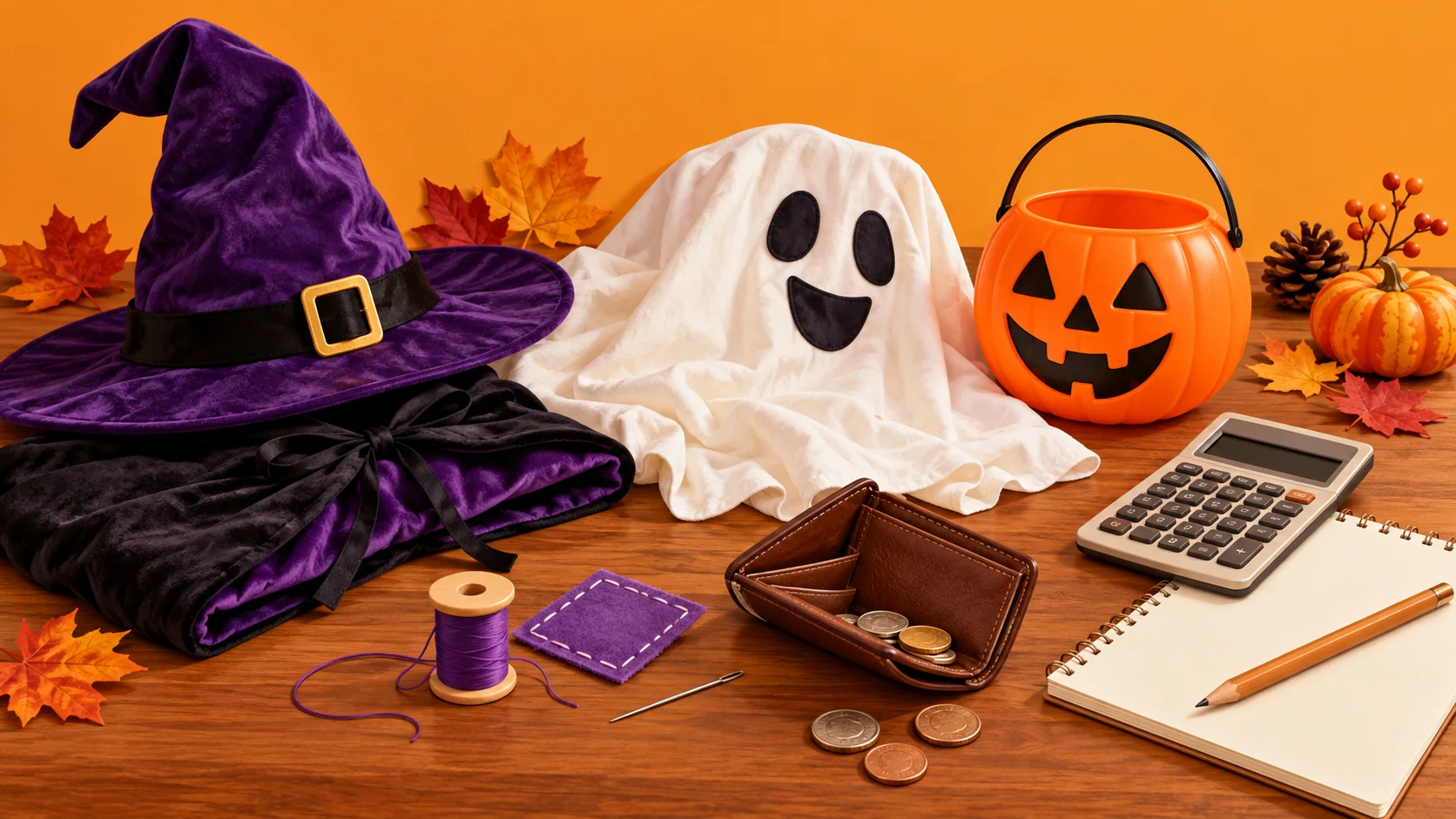 ハロウィーンの一般的な仮装衣装と財布・電卓を並べたAI生成の関連イメージ