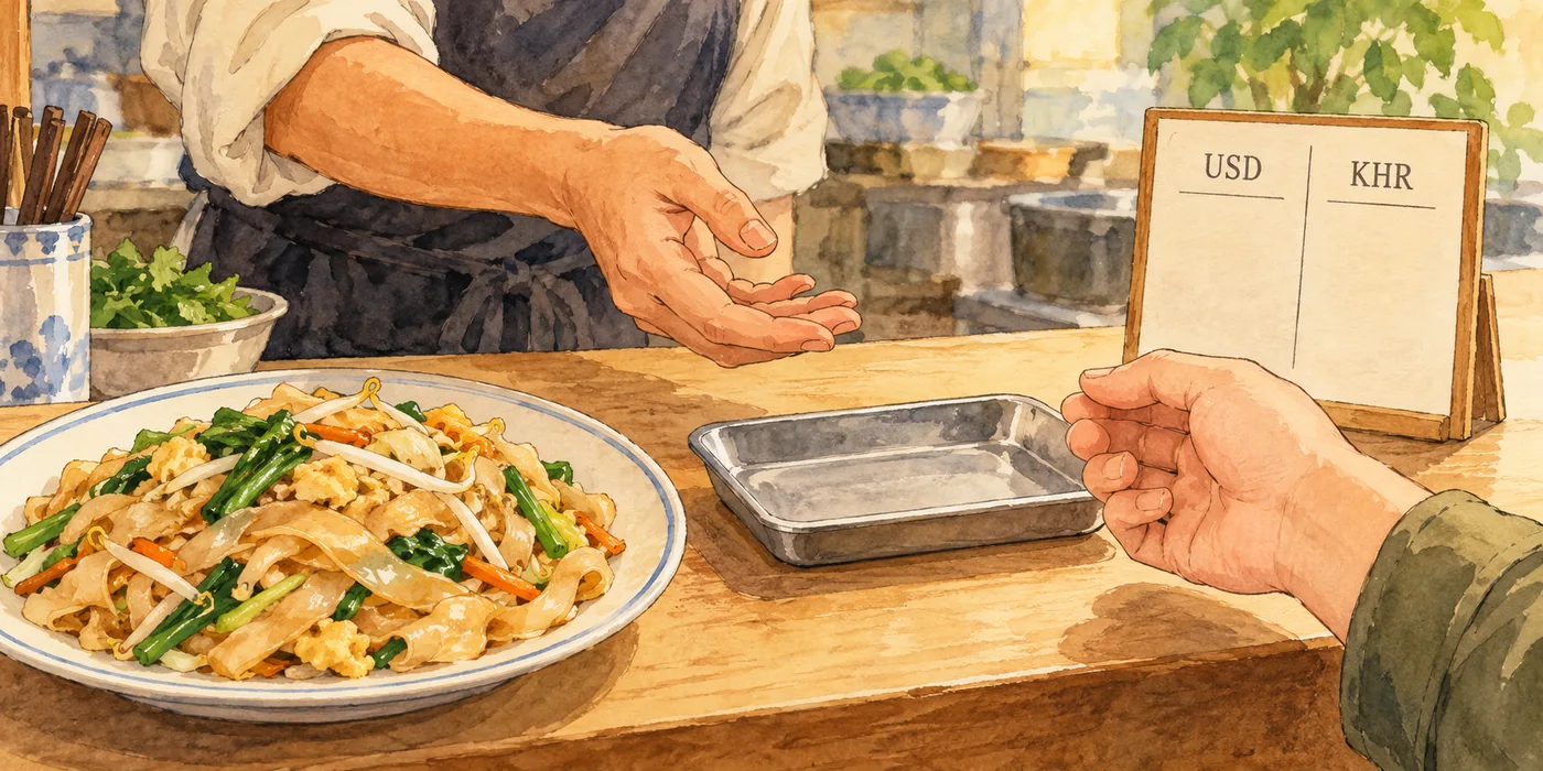 AI生成のイメージ。架空の炒め麺店の会計を描く概念挿絵で、実店舗・人物・料理・通貨の再現ではありません。