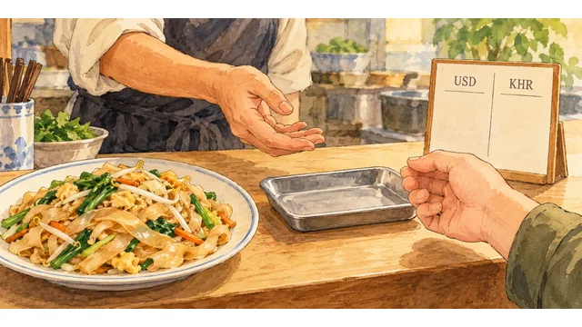 AI生成のイメージ。架空の炒め麺店の会計を描く概念挿絵で、実店舗・人物・料理・通貨の再現ではありません。