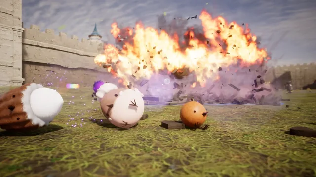 チョコレートパレードの公式ゲーム画面。丸いスイーツの列が進み、後方で大きな爆発と破片が広がる。