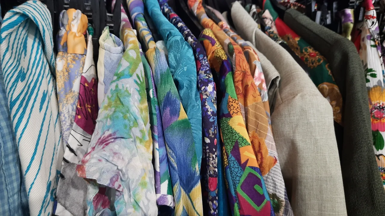 古着店のハンガーに並ぶ、色や柄の異なる衣服の資料写真。投稿者のTシャツやDollarama店内ではありません。