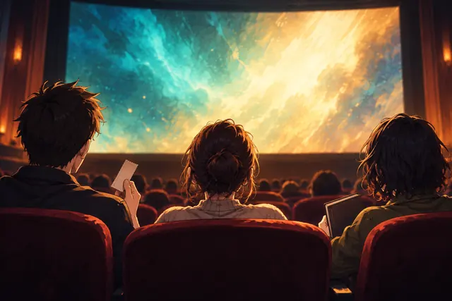 映画館で物語の完結を待つ架空の成人観客たち。AI生成の関連イメージ