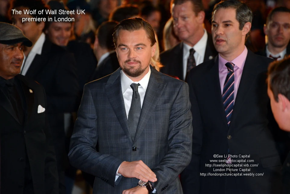 『ウルフ・オブ・ウォールストリート』英国プレミアのレオナルド・ディカプリオ(2014年)。映画の場面写真ではありません。