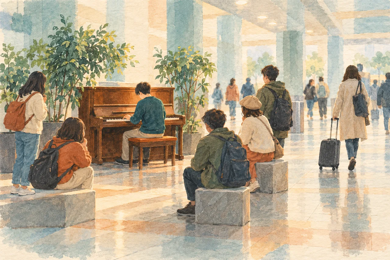 AI生成のイメージ。架空の駅でピアノを楽しむ概念挿絵で、台南駅の実景・演奏者・当日の混雑を再現したものではありません。