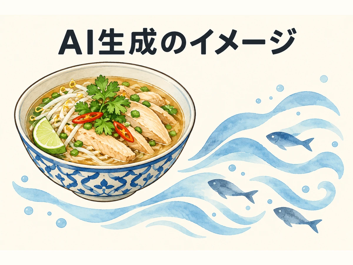 AI生成のイメージ:麺料理と魚をモチーフにした挿絵。実在の店や水害現場の写真・再現ではありません。