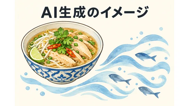 AI生成のイメージ：麺料理と魚をモチーフにした挿絵。実在の店や水害現場の写真・再現ではありません。