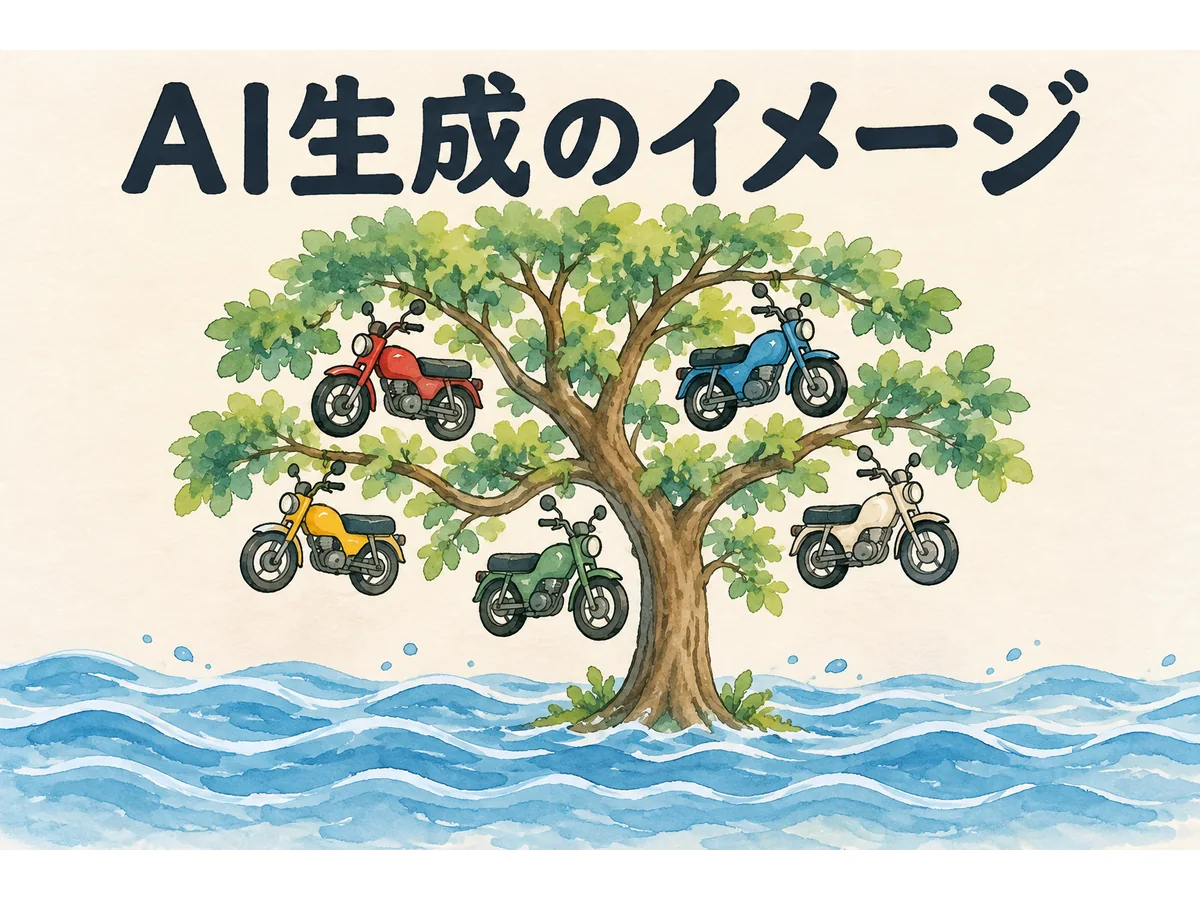 AI生成のイメージ。木とバイクをモチーフにした空想の挿絵で、実際の現場や吊り方の再現ではありません。