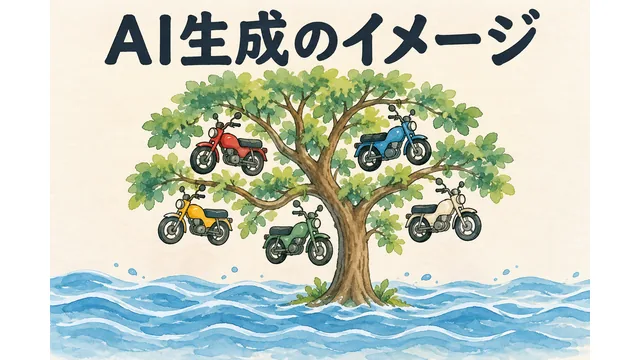 AI生成のイメージ。木とバイクをモチーフにした空想の挿絵で、実際の現場や吊り方の再現ではありません。